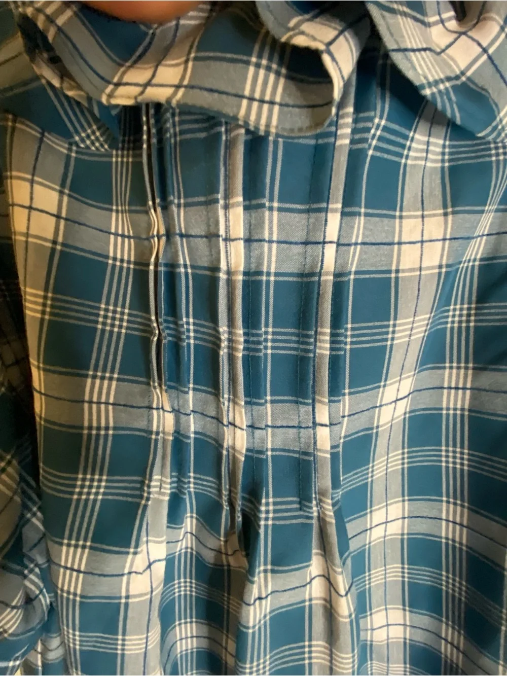 LOFT Teal and White Plaid Ruffle V-Neck Puff Sleeve Blouse
